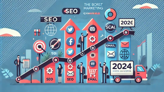 Comparison of best and worst marketing channels for small businesses in 2024, featuring digital marketing icons like SEO, social media, email, and PPC alongside outdated tactics like print ads and billboards.