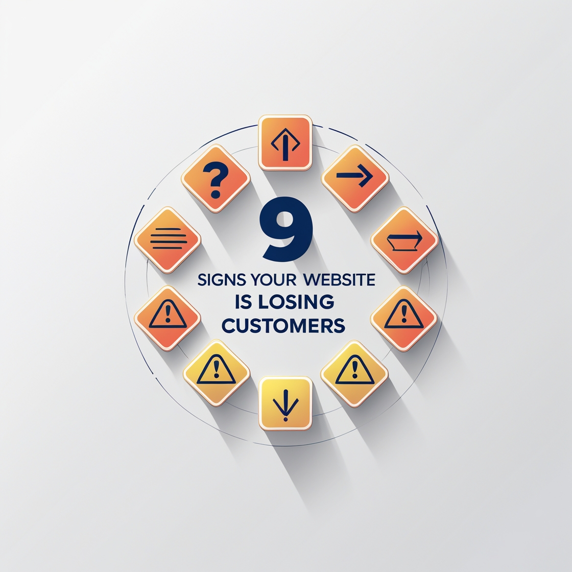 Graphic titled '9 Signs Your Website Is Losing Customers' highlighting issues like poor content quality, outdated design, and slow loading speeds.