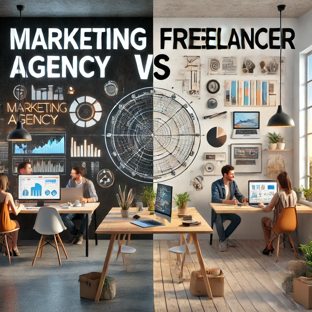 Comparison of a marketing agency vs freelancer highlighting the benefits of agencies for businesses.